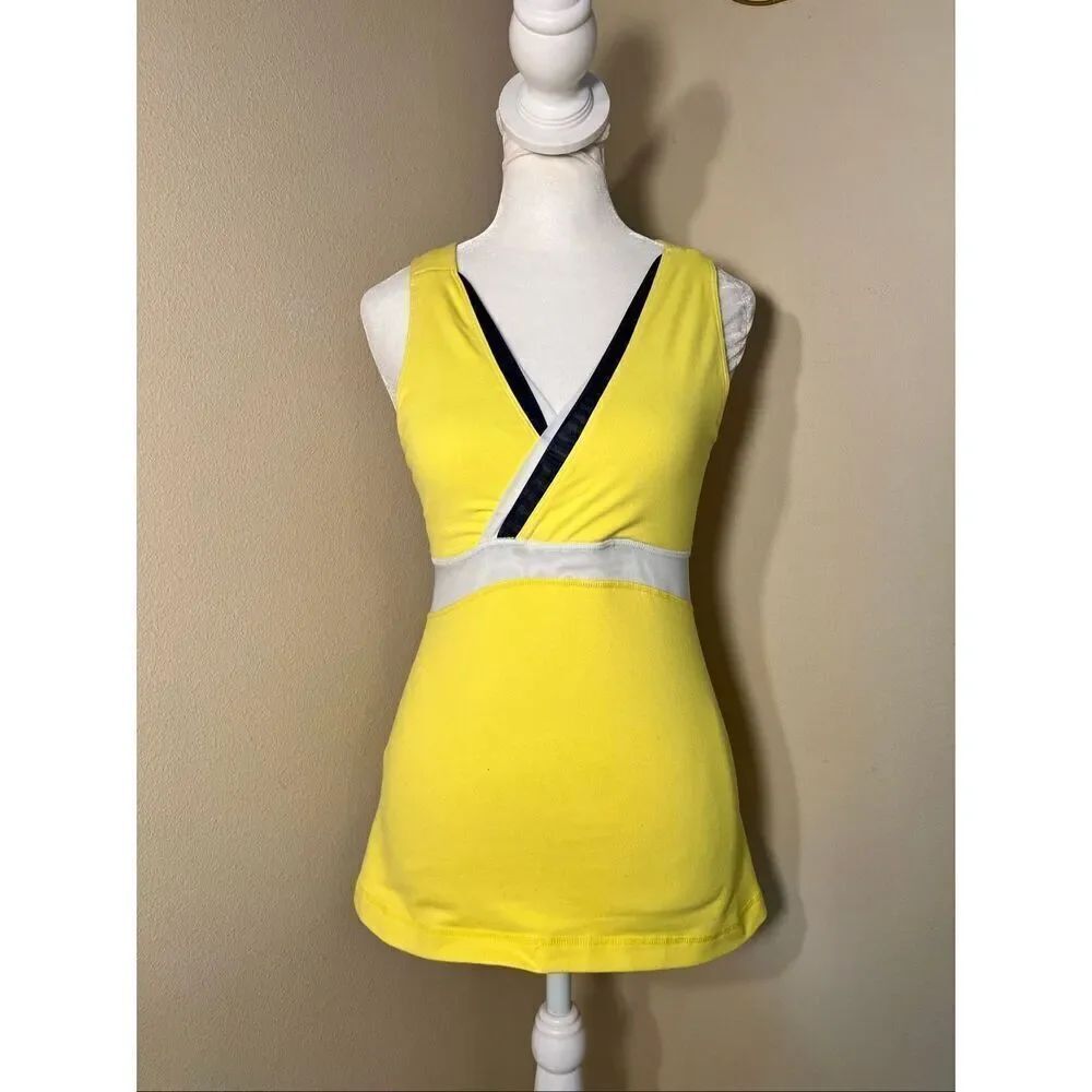 Lululemon Yellow Black White Deep V Faux Wrap Front Athletic Tank Top Size 6
